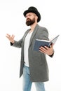 Inspired bearded man read book. Poetry reading. Book presentation. Literature teacher. Books shop. Guy classic outfit Royalty Free Stock Photo