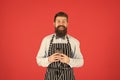 Inspired with cup of fresh coffee. brutal waiter in cafe. mature man red background. skilled servant. barista hipster Royalty Free Stock Photo