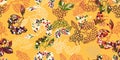 A seamless pattern of leaves and berries on a yellow background