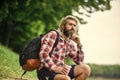 Inspired handsome hipster. Inspiration. Man outdoors with cup of coffee. Drinking hot coffee. Drink tea or coffee. Man