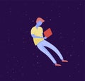 Inspired man flying in space. Character moving and floating in dreams, imagination and inspiration. Flat design style