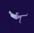 Inspired man flying in space. Character moving and floating in dreams, imagination and inspiration. Flat design style