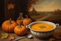 Inspired Pumpkin Soup: A Culinary Masterpiece Captured in a Bowl, Artfully Presented on a Table.