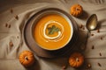 Inspired Pumpkin Soup: A Culinary Masterpiece Captured in a Bowl, Artfully Presented on a Table.
