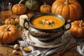 Inspired Pumpkin Soup: A Culinary Masterpiece Captured in a Bowl, Artfully Presented on a Table.