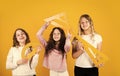 Inspired to work hard. three girls with protractor and triangle ruler. back to school. Geometry favorite subject Royalty Free Stock Photo