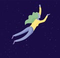 Inspired woman flying in space. Character moving and floating in dreams, imagination and inspiration. Flat design style