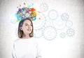 Inspired young woman, colorful brain sketch Royalty Free Stock Photo