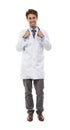 Inspiring confidence in his patients. Full length studio portrait of a handsome young doctor isolated on white.