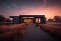 Inspiring elegant artful architecture at sunset, minimalist modern style, brutalist one-story one-story house in the field