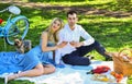 Inspiring feelings. Cheers. Celebrate anniversary. Attractive Couple Enjoying Romantic Sunset Picnic in Countryside Royalty Free Stock Photo