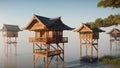 An Inspiring Image Of A Group Of Wooden Houses On Stilts In The Water AI Generative
