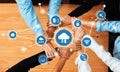 Collaborative Teamwork on Cloud Computing Solutions with Diverse Hands and Digital Connections Representing Technology Royalty Free Stock Photo