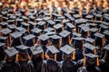 An inspiring image of students wearing graduation caps and gowns, looking towards the future with hope and determination,