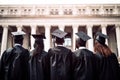 An inspiring image of students wearing graduation caps and gowns, looking towards the future with hope and determination,