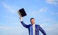 Inspiring innovations. Businessman inspired entrepreneur feels powerful going to change world. Man inspired holds laptop Royalty Free Stock Photo