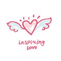 Inspiring love. Hand drawn logo line art wings and heart.