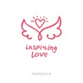 Inspiring love. Hand drawn positive logo. Line art wings and heart.