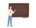 Inspiring male school teacher, university professor or educational worker standing beside chalkboard, holding pointer