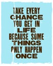 Inspiring motivation quote with text Take Every Chance You Get In Life Because Some Things Only Happen Once. Vector typography