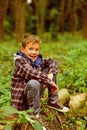 Inspiring others to be happy. Happy kid. Small kid happy smiling in woods. Small child play in forest. Pure joy of life Royalty Free Stock Photo