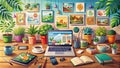 Inspiring Panoramic Workspace Illustration A Visual Guide to Content Creation for Bloggers and Digital Creators Royalty Free Stock Photo