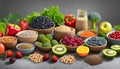 Variety of fruits, vegetables, seeds, superfoods and grains on gray background