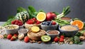 Variety of fruits, vegetables, seeds, superfoods and grains on gray background