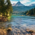 An inspiring and relaxing painting of a beautiful landscape with river, trees and mountains in the background Royalty Free Stock Photo