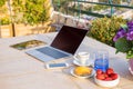 Inspiring working space outdoors with laptop, tablet and mobile phone