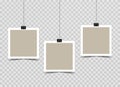 Set of empty Square photo frames hanging on binder clips. Mockup on a transparent background. Vector 3d realistic. blank template. Royalty Free Stock Photo