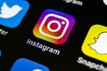 Instagram application icon on Apple iPhone X smartphone screen close-up. Instagram app icon. Social media icon. Social network Royalty Free Stock Photo