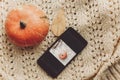 Instagram blogging concept. phone with photo of pumpkin and leaf