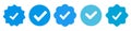 Instagram, Facebook, Twitter, Tiktok, Telegram set verified profile badges. Blue check mark verified account icons. Account