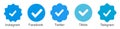 Instagram, Facebook, Twitter, Tiktok, Telegram set verified profile badges. Blue check mark verified account icons.