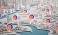 Instagram Icon Over Aerial View of City Buildings 3D Rendering