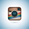 Instagram logotype camera on pc screen. Instagram - free application for sharing photos a social network.