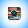 Instagram logotype camera on pc screen. Instagram - free application for sharing photos a social network.