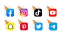 Instagram, Pinterest, Snapchat, Tik Tok, YouTube, Telegram, Twitter, Whatsapp and Facebook. Party social network icon set. UI UX