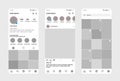 Instagram profile interface template. Design of mobile app UI, UX, GUI. Set of screens home page, profile, search. Template