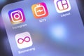 Instagram services, IGTV, Layout, Boomerang apps icons on the sc