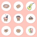 Instagram story highlight icons set of pastries and fruits. Logo design for cafes and bakeries. Hand drawn illustration