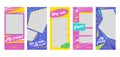 Instagram Story Very Cute Pet Friend Mobile App Page Onboard Screen Set. Colorful Blue Yellow Pink Design with Trace. Social Media