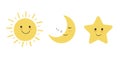 Sun, moon and star icon on white background. Cute sun and star smiling cartoon characters. Moon sleeping. Vector