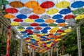 Installation Alley umbrellas in Solyanoi lane in Saint Petersburg.