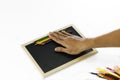 Installation of colored pencils and black board Royalty Free Stock Photo