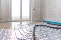 installation of concrete and anhydrite on underfloor heating in a room of a newly built family house