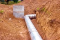 Installation of the distribution unit of heating and water supply network. Frame for connecting pipes in the trench of ground. Royalty Free Stock Photo