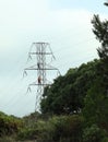 Installation electricians work at high altitude on a power line Royalty Free Stock Photo