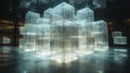 A captivating display of illuminated translucent cubes in a darkened gallery space creating an ethereal ambiance